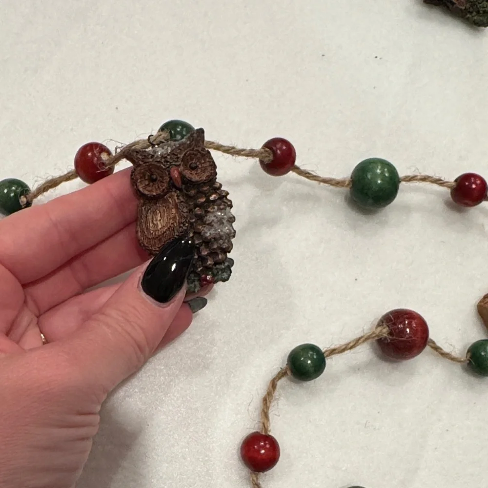Vintage Red and Green Beaded Garland with Wooden Figures